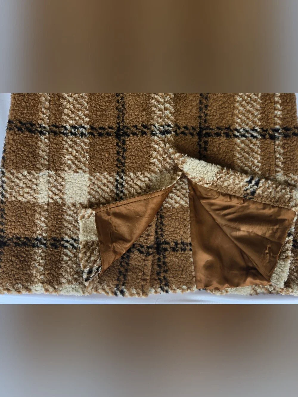 Cinzia Rocca ICONS Women's Warm Long Plaid Sherpa Sleeveless Coat -Camel & Cream